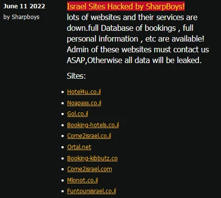 Группировка Sharp Boys получила личные данные более 300 000 израильтян с туристических сайтов