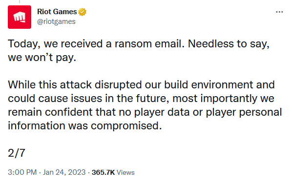 Riot Games получила письмо с требованием выкупа после недавнего взлома